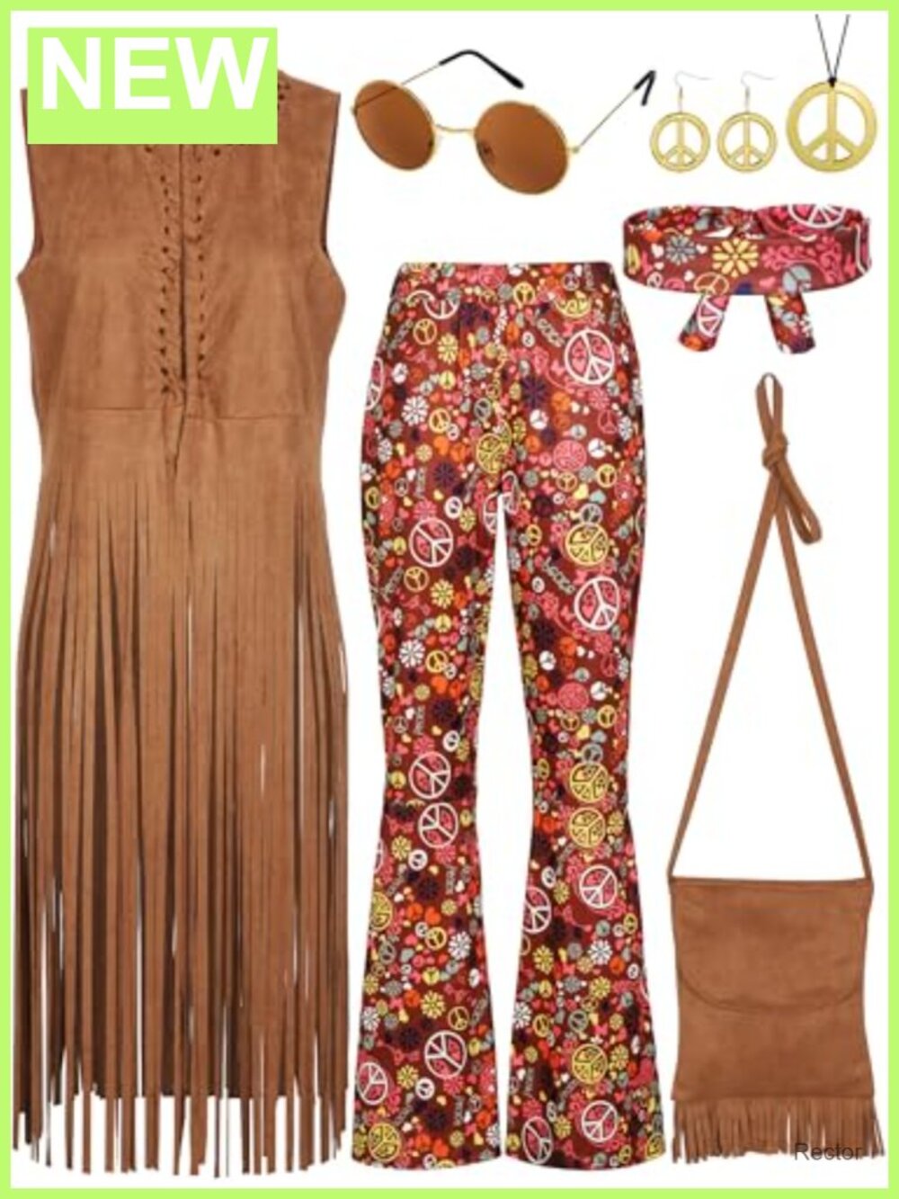 Women's 70s Hippie Costume Set Fringe Vest Pants Bag & Accessories
